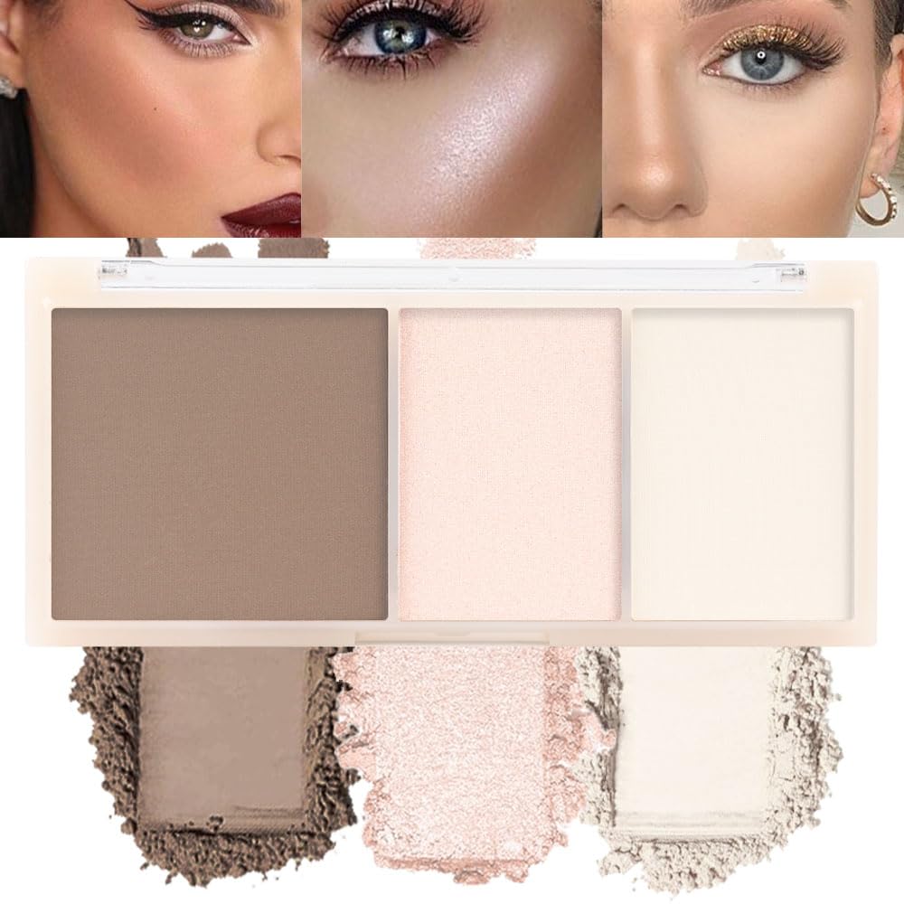 3 IN 1 Brown Nude Face Highlight Bronzer Powder Palette for Face Cheeks Contour Brightening, Buildable Matte Coverage Natural Makeup,Ultra Sculpt Nose Shadow Eyeshadow Primer 03#