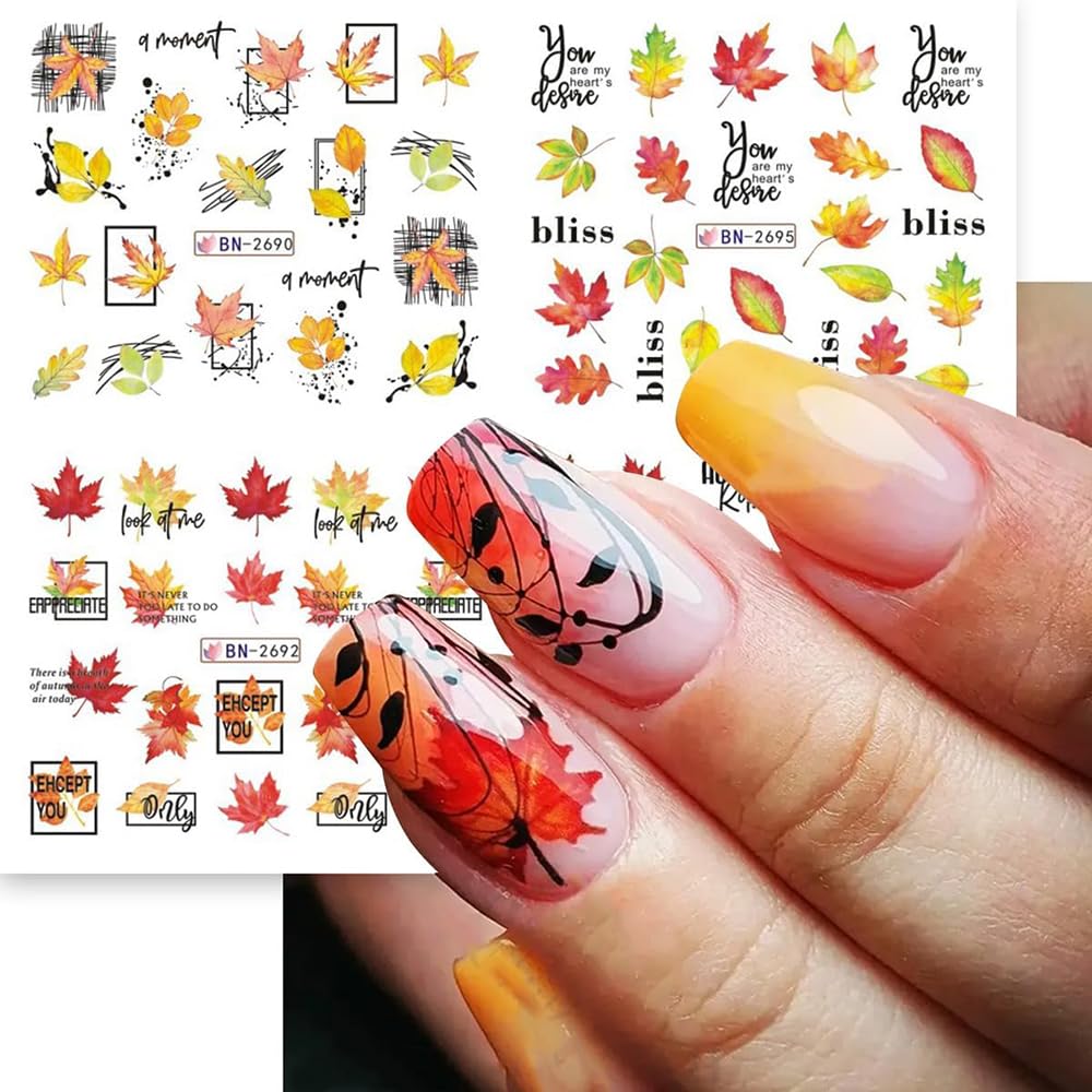 Fall Thanksgiving Nail Art Stickers Decals, 12 Sheets Maple Leaf Design Water Transfer Nail Decals Autumn Thanksgiving Nail Art Decoration Abstract Leaves Ginkgo Slider Nail Foils for Women DIY Supply