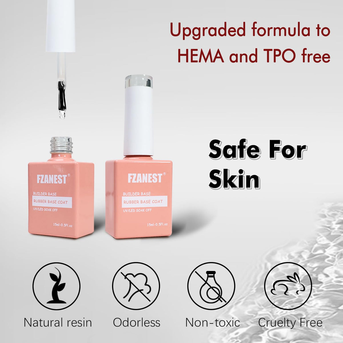 FZANEST Hema Free Rubber Base Builder Gel For Nails, Rubber Base Coat for Nail Strengthen Apex Building Extension Long Lasting Protect in A Bottle Soak Off UV LED Clear Gel Nail Polish