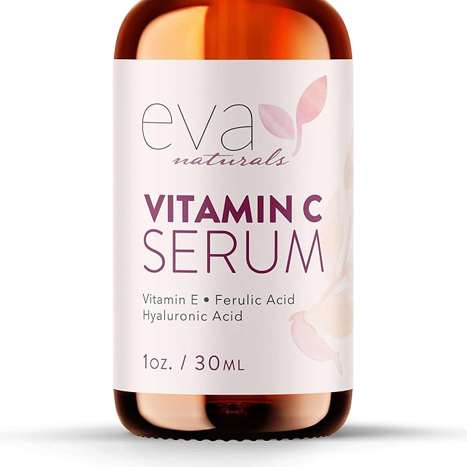 Eva Naturals Vitamin C Serum for Face - 20% Vit C with Hyaluronic Acid, Ferulic Acid & Vitamin E - Facial Serum for Dark Spots, Acne, Anti Aging, Glow & Even Skin Tone, 1 oz