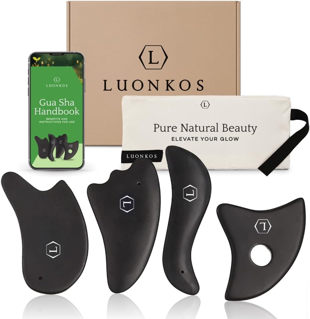 LUONKOS Gua Sha Tools Set - Large Black Bian Stone, 4-Pc - Face & Lymphatic Drainage Massager - Skin Care & Face Sculpting Tool