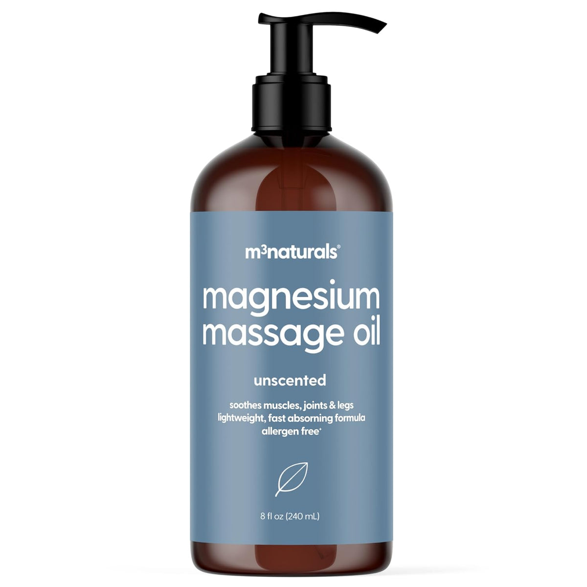 Unscented Magnesium Massage Oil for Sore Muscles, Feet, Joints and Leg Cramps, Helps with Sleeping and Post-Workout Recovery, Fragrance Free Formula for Sensitive Skin, 8 fl oz by M3 Naturals