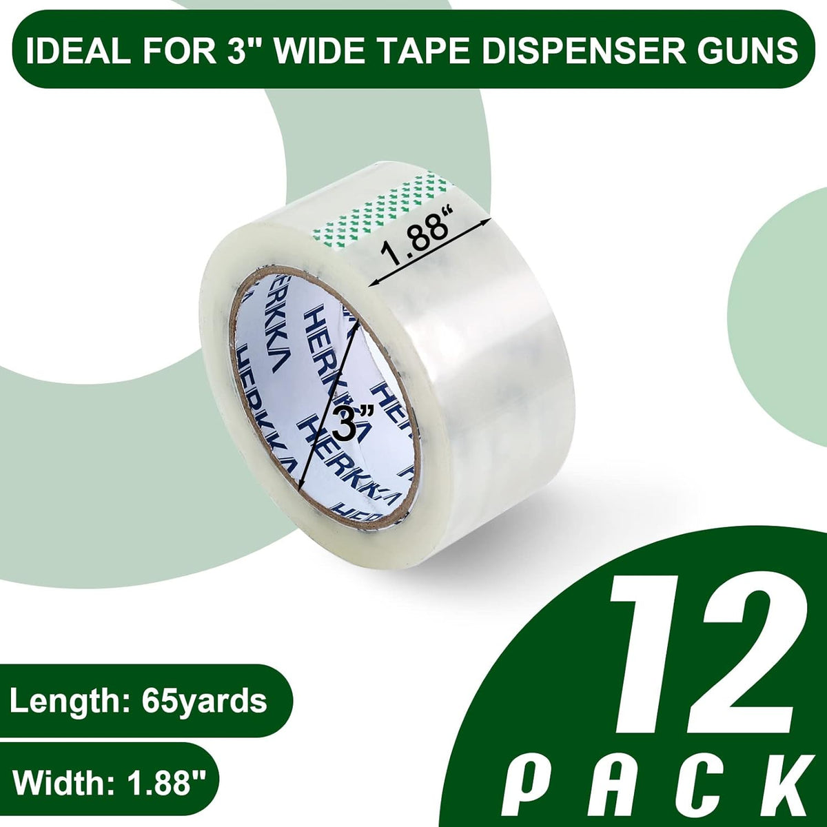 HERKKA Clear Packing Tape, 12 Rolls Heavy Duty Packaging Tape for Shipping Packaging Moving Sealing, Thicker Clear Packing Tape, 1.88 inches Wide, 65 Yards Per Roll, 780 Total Yards