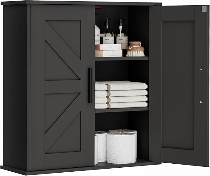 Bathroom Wall Cabinet, Over Toilet Storage Cabinet with Barn Doors and Adjustable Shelves, 3-Tier Medicine Cabinet Wall Mounted, for Bathroom, Kitchen, Entryway, Laundry Room, Black, (7.9" D)