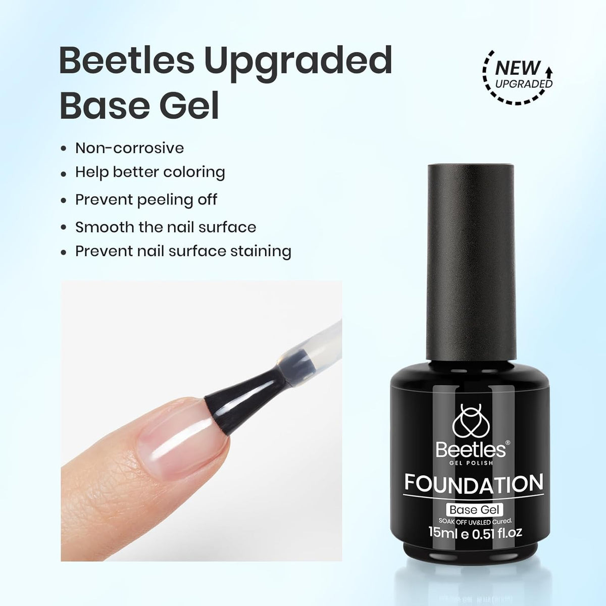 Beetles 15ml No Wipe Gel Base Coat – Base Coat Gel Nail Polish Long-Lasting UV LED Soak Off Manicure, Strong Adhesion Low Odor Toxin-Free for Natural & Artificial Nails, Salon & DIY Use
