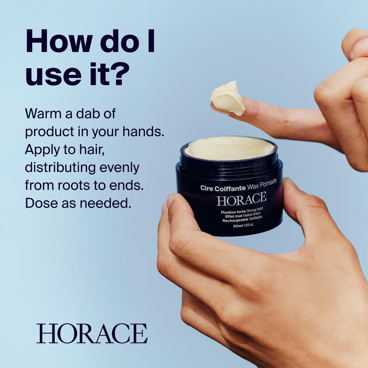 HORACE Hair Wax Pomade for Men – Strong & Long-Lasting Hold – Matte Finish – No Silicones or Mineral Oils – Woody Scent – Refillable, 50 ml