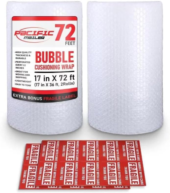 Bubble Cushioning Wrap Pacific Mailer 5/16 Inch x 17 Inch x 72Feet Total [2 Rolls of 36 Feet] Bubble Cushioning Wrap for Packing Moving Supplies Perforated Every 12"