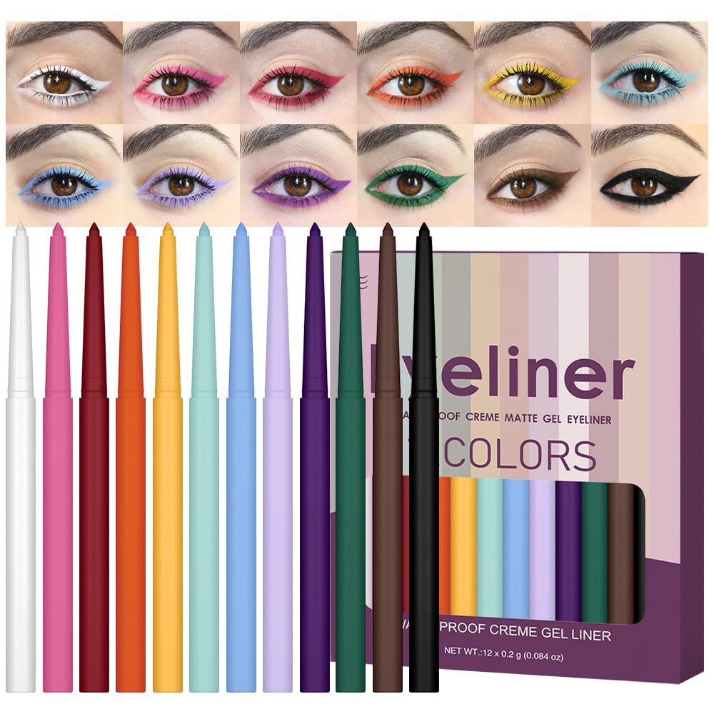 evpct 12Pcs Colored Matte Gel Eyeliner Pencils Set for Women, Green Blue White Black Auburn Yellow Orange Eyeliner Waterline Waterproof lapiz de ojos delineador de ojos contra el agua eye liner Makeup