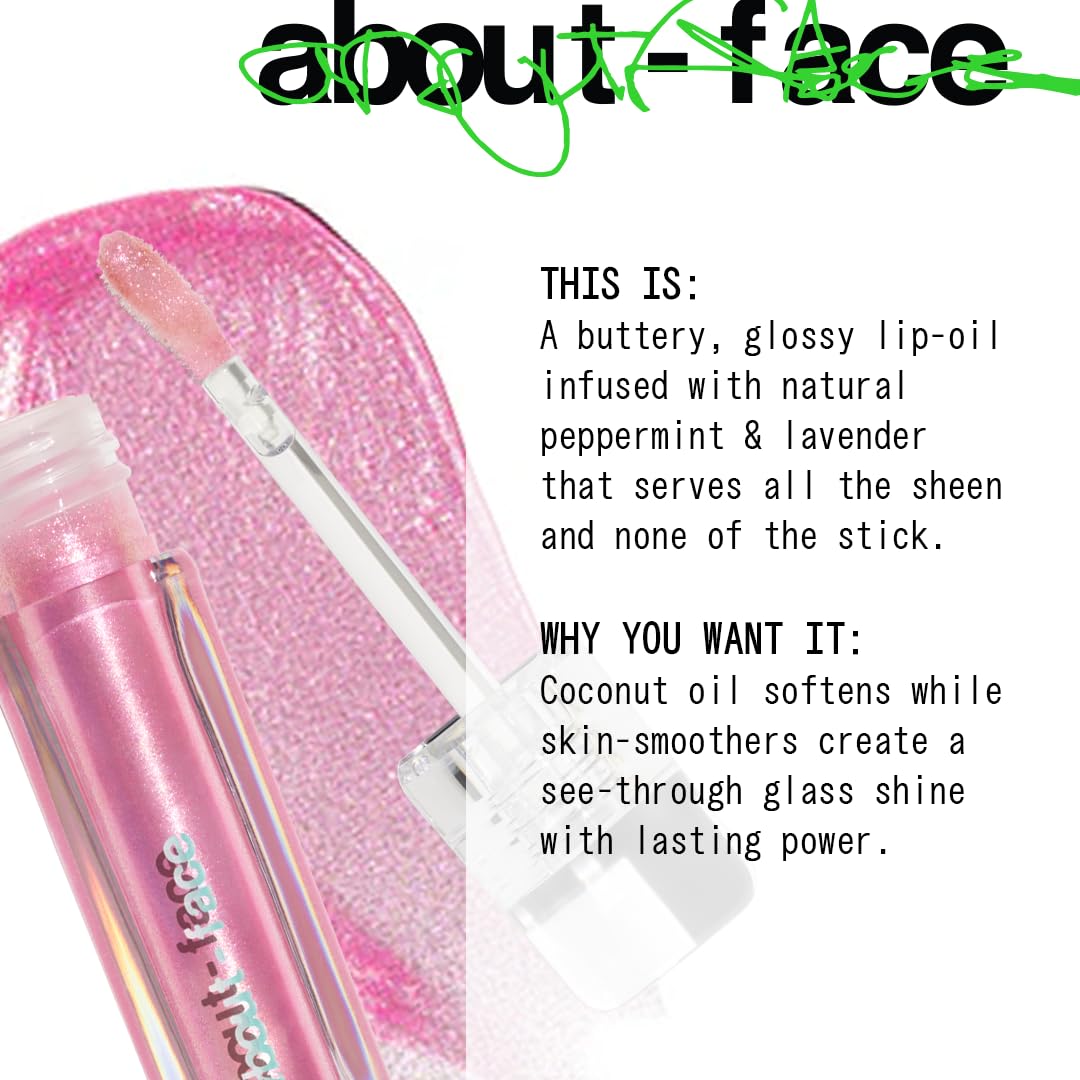 about-face Light Lock Lip Gloss it's Not You, It's Me – Non-Sticky, High-Shine Lip Oil Gloss with Coconut Oil, Peppermint & Lavender – Vegan, Cruelty-Free, Clean Beauty – 0.21 oz (Pink Sparkle)