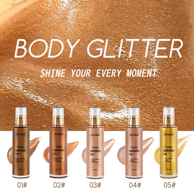 Shimmer Body Oil, Long Lasting Moisturizing Body Glow Glitter for Women Face Luminizer Highlighter Makeup 100ml Shimmer Oil for Glowing Skin Lotion (Dark Brown Gold)