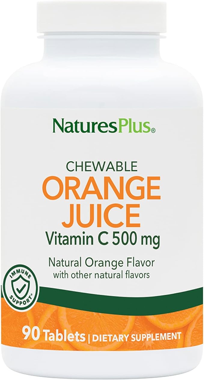 Natures Plus Orange Juice Chewable Vitamin C - 500 mg, 90 Tablets - High Potency Immune & Vascular Health Support Supplement, Antioxidant - Gentle On Stomach - Vegetarian, Gluten-Free - 90 Servings