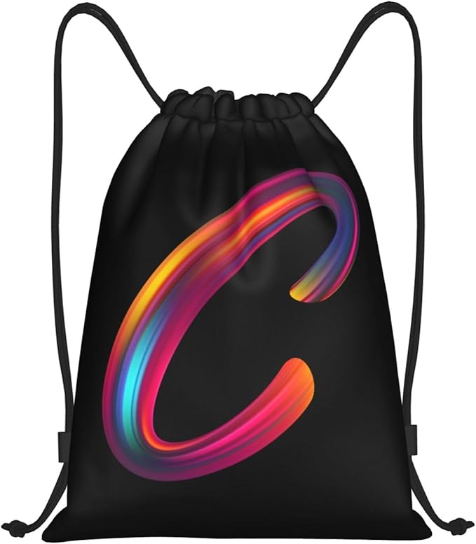 Drawstring Bags Initial Drawstring Backpack Sackpack Black Draw String Cinch Bags for Sports, Gym, Travel, Swimming, Beach, Camping, Rainbow Letter C