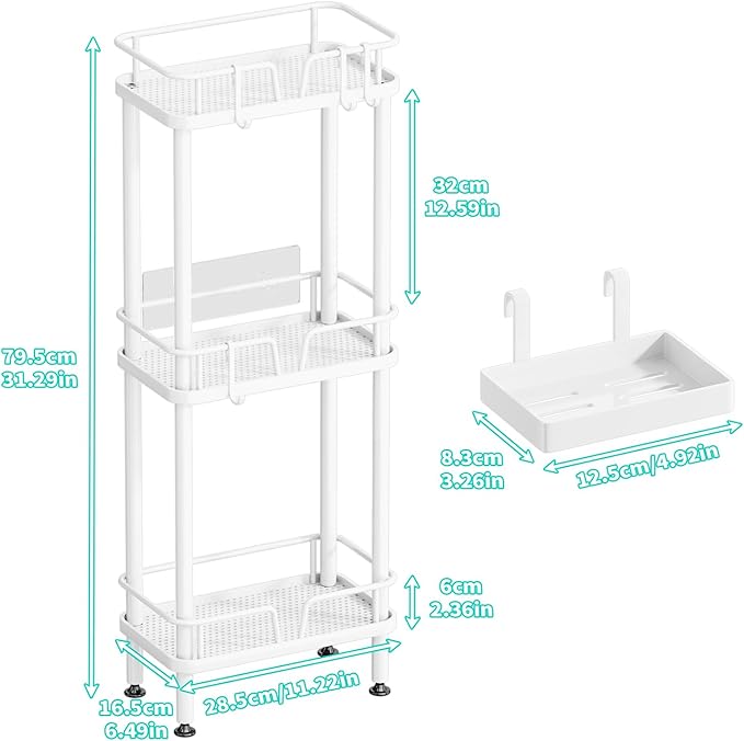 HapiRm Standing Corner Shower Caddy - 3 Tier Corner Shower Organizer with Soap Holder, Rustproof Stainless Steel Bathroom Shelf with 4 Hooks, White