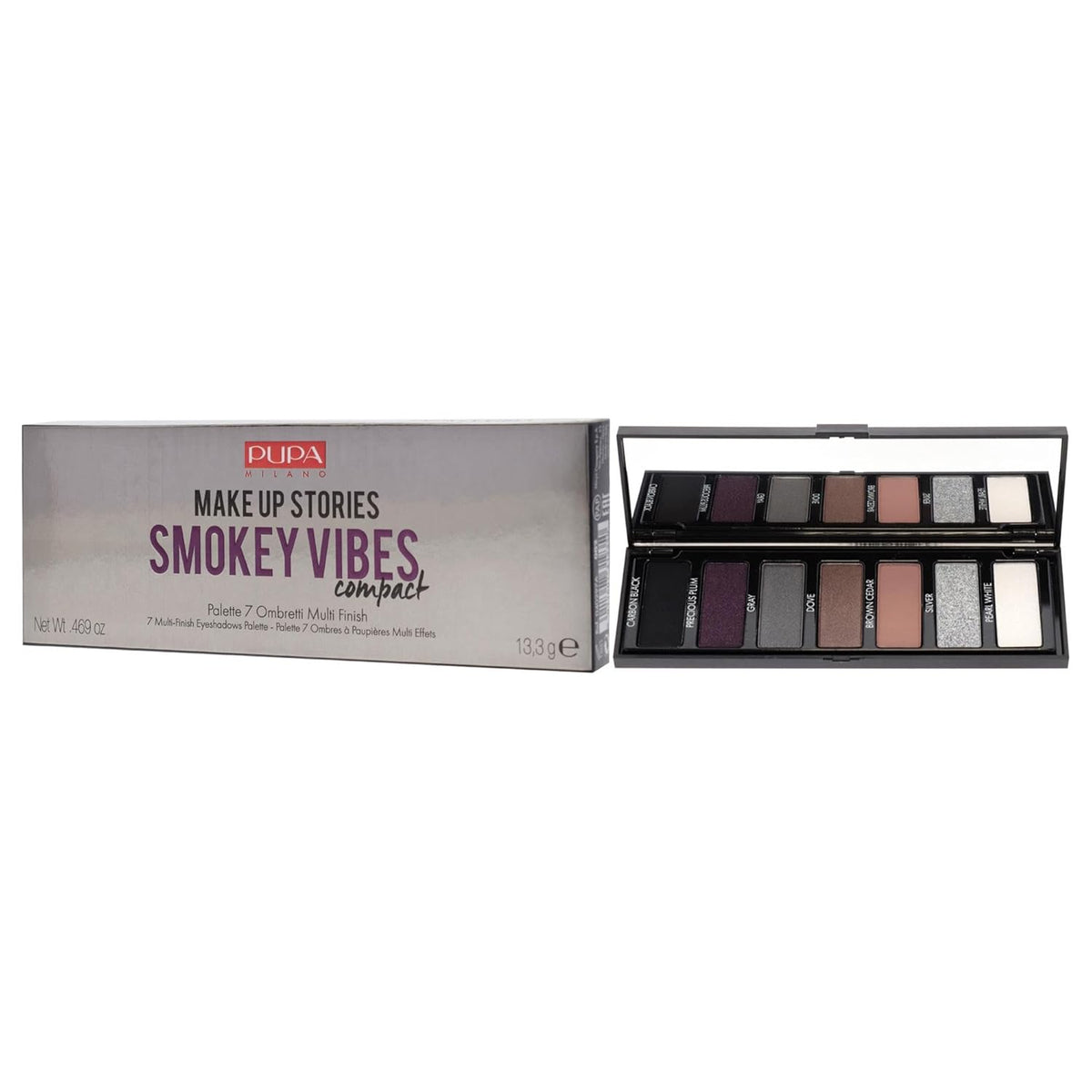Pupa Milano Make Up Stories Eyeshadow Palette 002 Smokey Vibes - 7-Shade Shadow Collection with Matte, Satin, and Metallic Color Options - High Pigment Formula - Soft, Blendable Texture - 0.469 oz