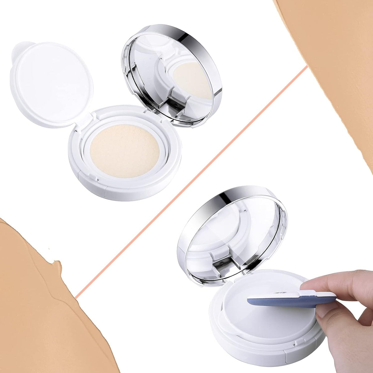 Patelai 7 Pcs 0.5oz Empty Luxurious Air Cushion Puff Box with Sponge Puff and Mirror, Portable Make-up Powder Container Case with Extra Sponges and Puffs, Refillable Foundation Bb Cream Box(Silver)