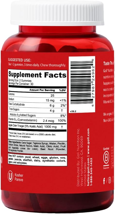 Goli Nutritional Supplement, Apple Cider Vinegar Gummy Vitamins Nutrition, 2 Pack of 60 Count