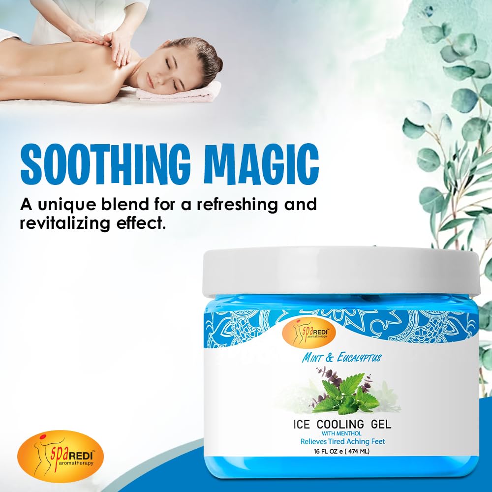 SPA REDI - Massage Cooling Gel for Pedicure, Mint and Eucalyptus Oil with Menthol 16 Oz, Peppermint Extract - Professional Strength Pedicure Foot and Leg Ice Cooling Gel Massage Therapy,