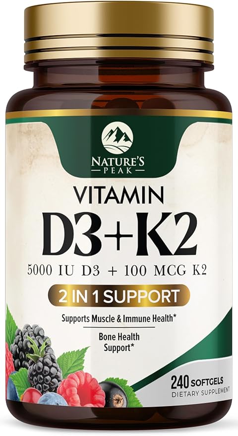 Vitamin D3 K2 Supplement | 5000 IU Vitamin D3 & 100 mcg Vitamin K2, 2 in 1 Vitamin D with K2 Complex Softgels, Support Immune, Heart, Joint, Teeth & Bone Health, Easy to Swallow, Non-GMO, 240 Softgels