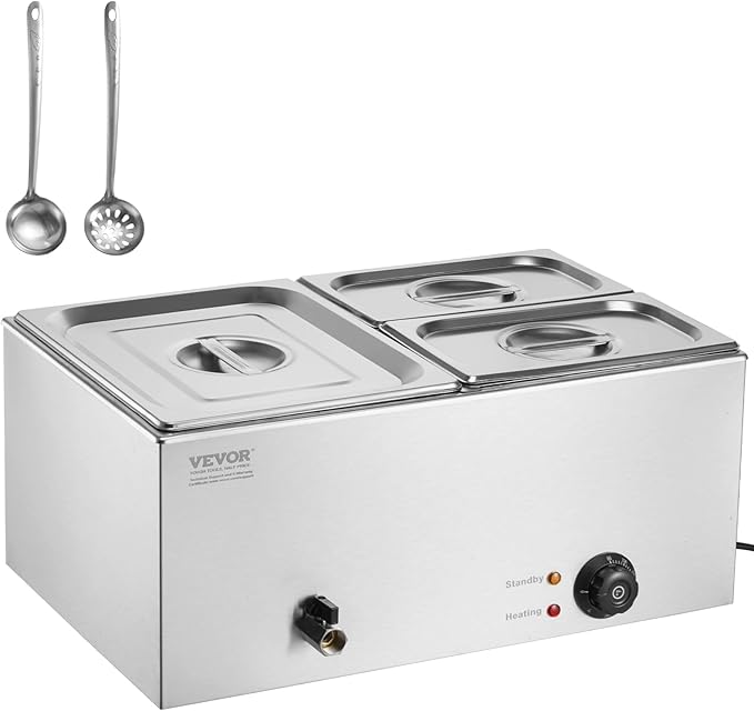 VEVOR 3-Pan Commercial Food Warmer, 17QT Electric Steam Table, 1200W Professional Countertop Stainless Steel Buffet Bain Marie with 86-185°F Temp Control for Catering and Restaurants, Silver