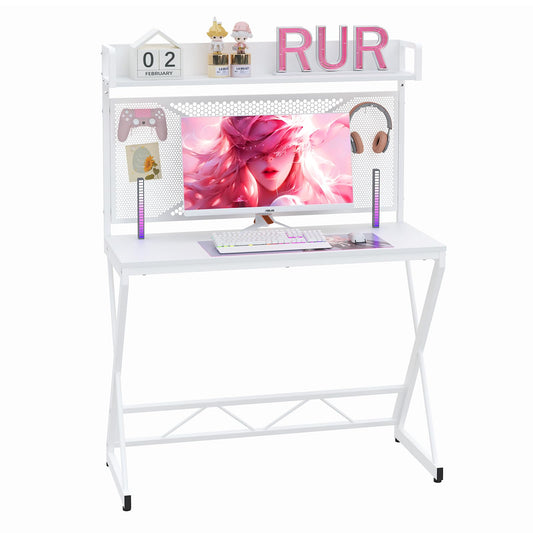 Elephance Computer Desk with Storage Shelves & Pegboard, 39inch Gaming Desk Writing Desk DIY Study Writing Workstation Table, Modern Office Desk for Home Dorm Office, White