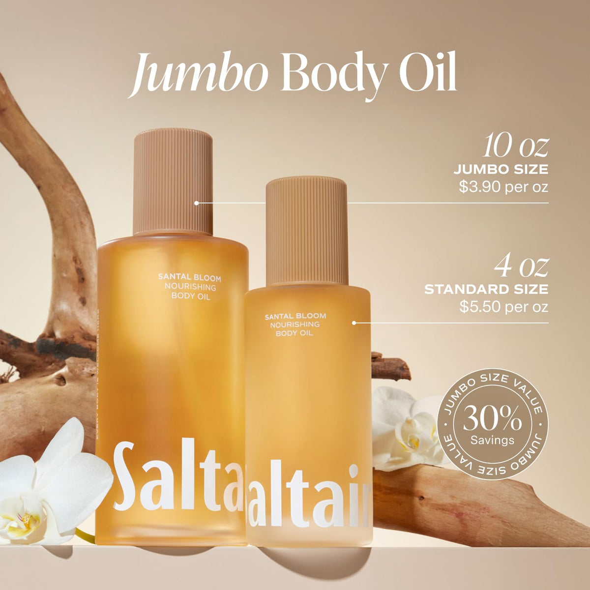 Saltair Body Oil. Jumbo Size Santal Bloom After Shower and Bath Oil Moisturizer for Women and Men. Botanical, Non-Greasy, and Well-Absorbing Lotion for Hydrating Dry Skin. 10oz Bottle