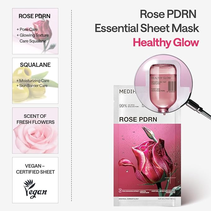 Mediheal Rose PDRN Essential Sheet Mask 4 pcs. 99% Pure White Rose PDRN & Hyaluronic Acid for hydrating, firming, and enhancing moisture barrier, skin firmness, and glow. Vegan formula