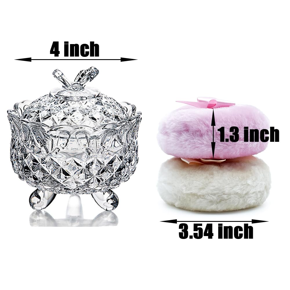 Luxury 4 Inch Glass Loose Powder Container with 2 Soft 3.5" Puffs｜Non-Sealed Refillable Organizer Storage for Body Powder Makeup & Jewelry & Setting Applicator(Butterfly-Clear)