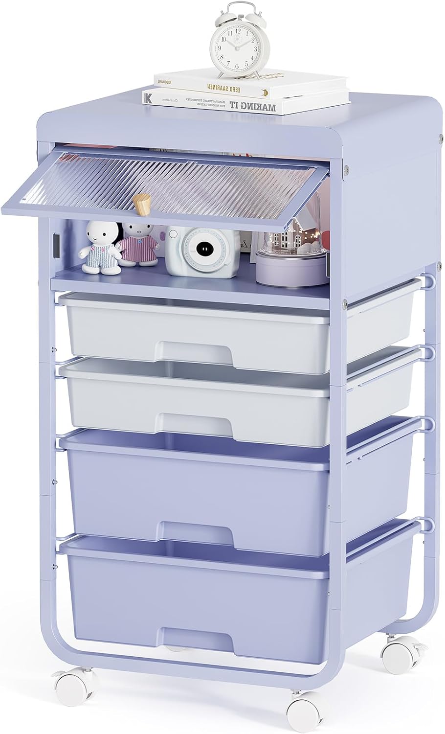 Utility-Rolling-Storage-Drawer-Craft-Cart-Organizers with 4 Drawers & Dust-Proof Door for Kid Craft Art Room,Bedroom,Home Office, Lavender Purple