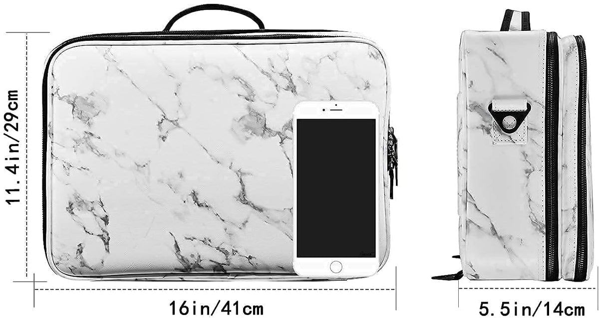JOURMON Travel Makeup Case Portable Makeup Train Case Organizer Cosmetic Bag with Adjustable Dividers and Shoulder Strap for Makeup Brushes Toiletry Travel Accessories(Marble White Black, L)