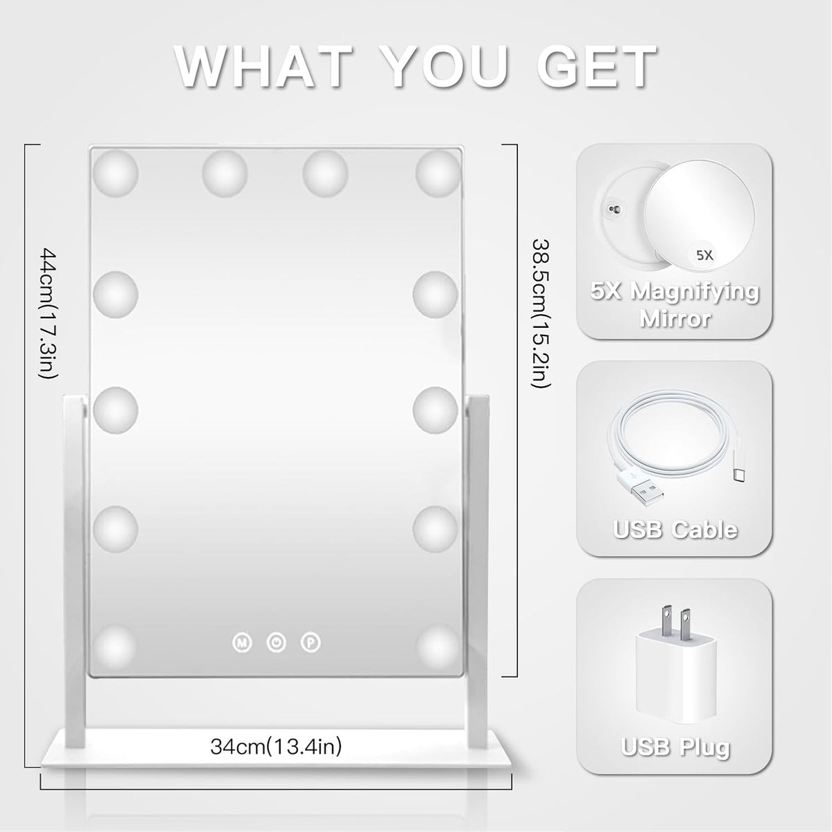 HIEEY Hollywood Vanity Mirror with 12 Dimmable Bulbs Lights, Three Color Lighting Modes, and 5X Magnification, Smart Touch Control, 360°Rotation (White,Gift Box)