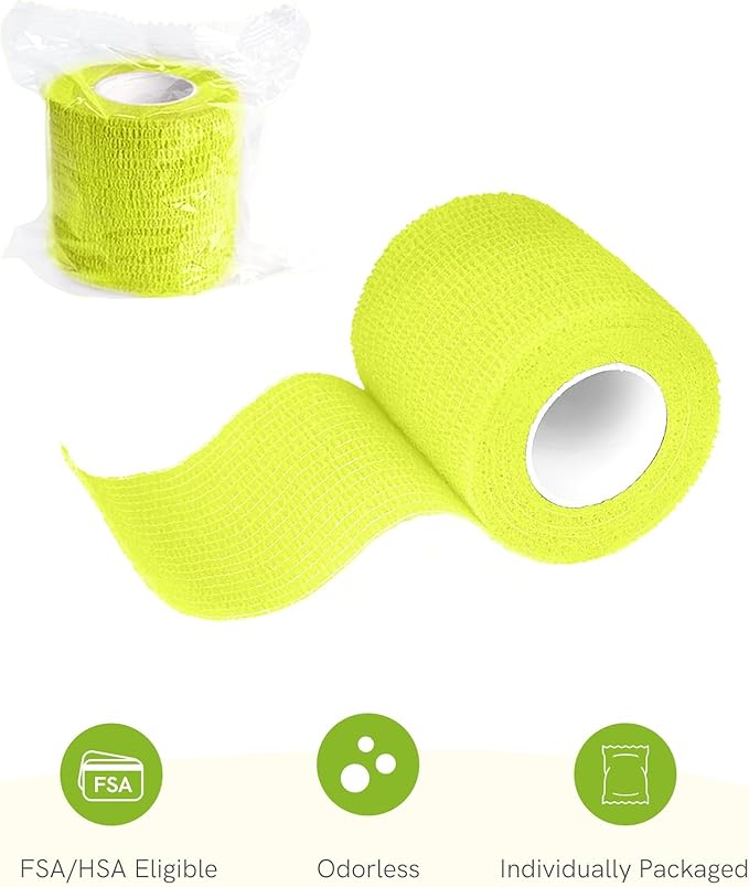 FriCARE Self Adhesive Bandage Wrap, Medical Tape in First Aid Kit, Cohesive Bandages for Wounds Sport Vet, FSA/HSA Eligible, 2 Inches X 5 Yards 6 Rolls, Fluorescent Yellow