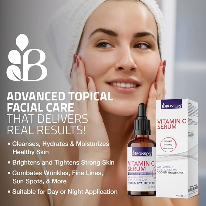 Bronson Vitamin C Serum for Face, Anti Aging Facial Serum with Premium Hyaluronic Acid, Vitamin E, Aloe & Jojoba, Hydrating & Brightening Serum for Dark Spots, Fine Lines and Wrinkles 1 oz.