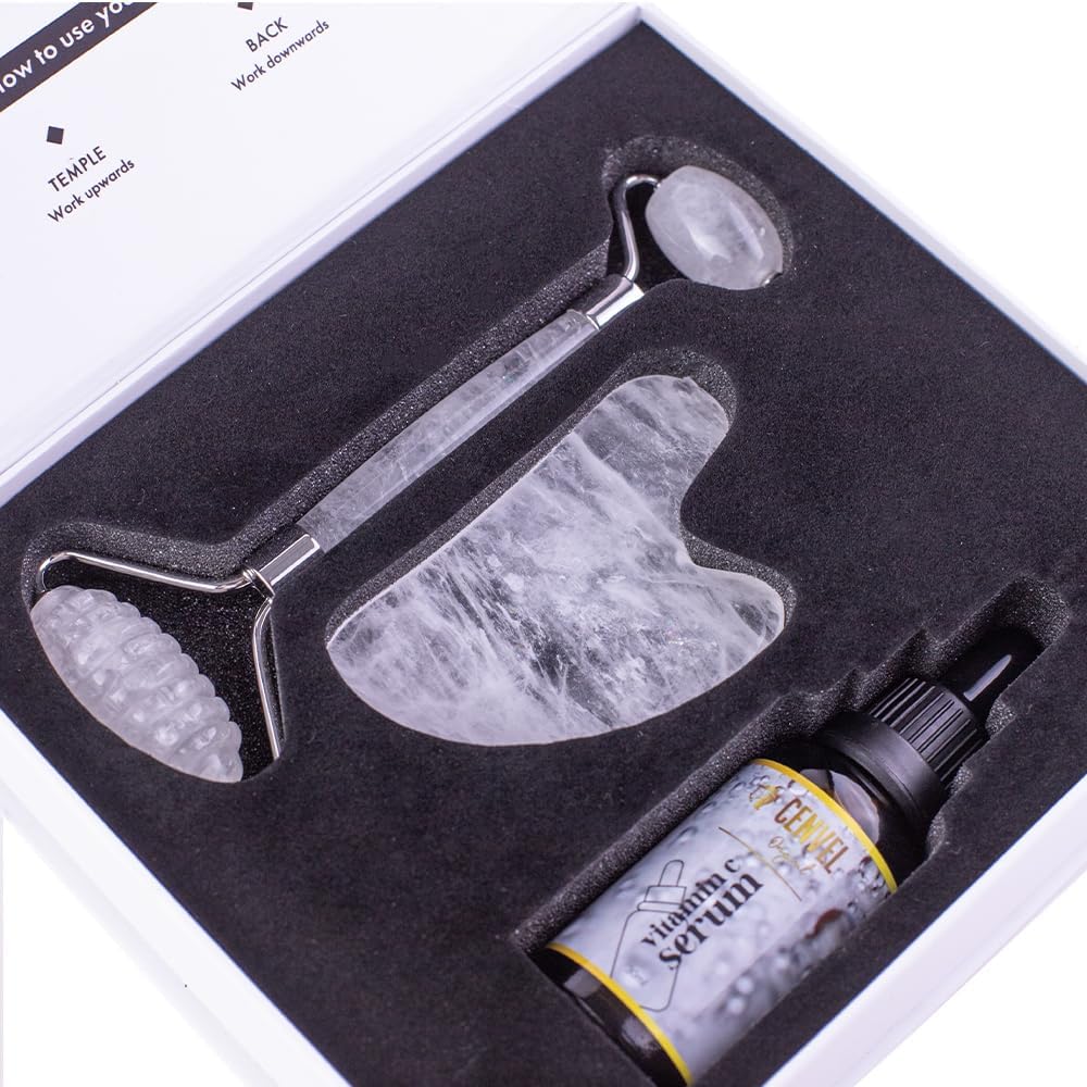 100% Real Crystal Jade Stone Roller and Gua Sha Set with Vitamin C Serum | Great for Eye Puffiness Treatment, Skin Tightening, Anti Aging, Rejuvenate Face & Neck | Great Gift for Women & Men (Crystal)