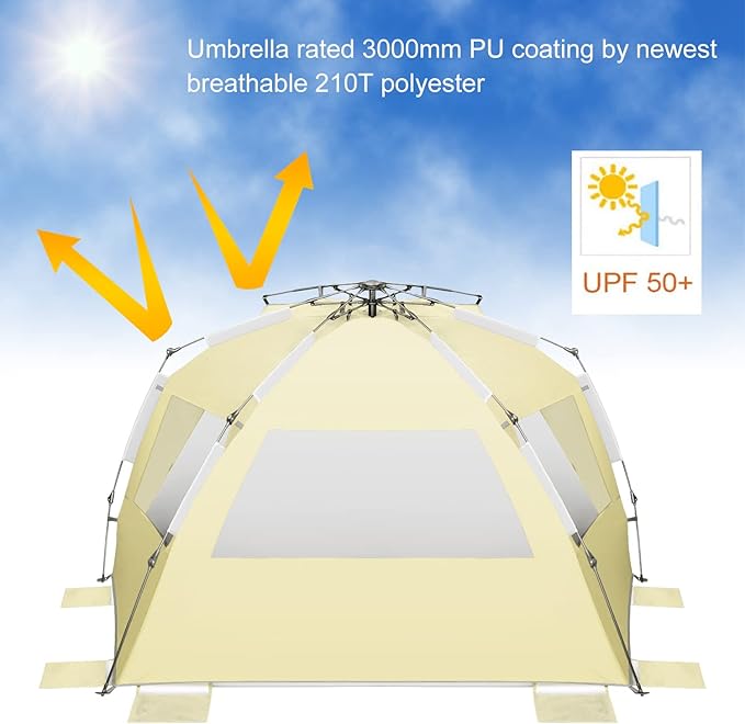 Oileus XX-Large Pop Up Beach Tent Sun Shelter for 5-6 Person Portable Sun Shade Instant Tent for Beach with Carrying Bag, Stakes, 6 Sand Pockets, Anti UV for Fishing Hiking Camping Khaki