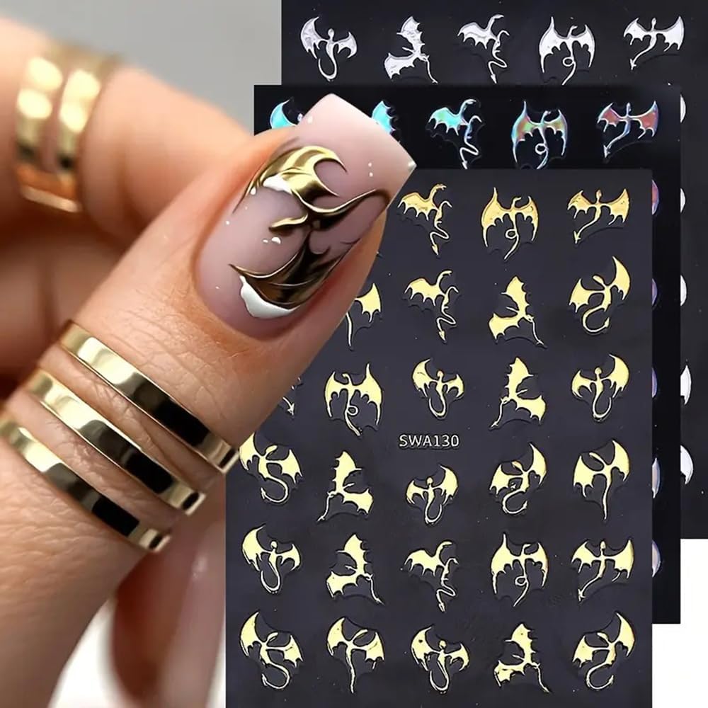 3 Pcs Metal Dragon Element Nail Stickers, 3D Self-Adhesive Golden and Silvery Laser Holographic Y2k Dragon Nail Art Decals,Glossy Texture Slider Nail Art Suitable for Women and Nail Decoration