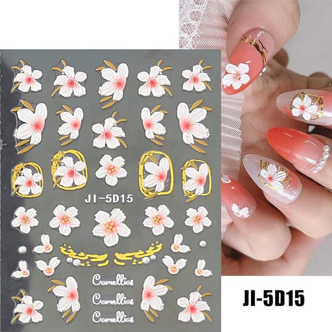 Flower Nail Art Stickers Decals 5D Embossed Nail Decals 6 Sheets Spring Summer Self-Adhesive Nails Design Accessories 3D Flowers Stickers for Women Nails Decoration