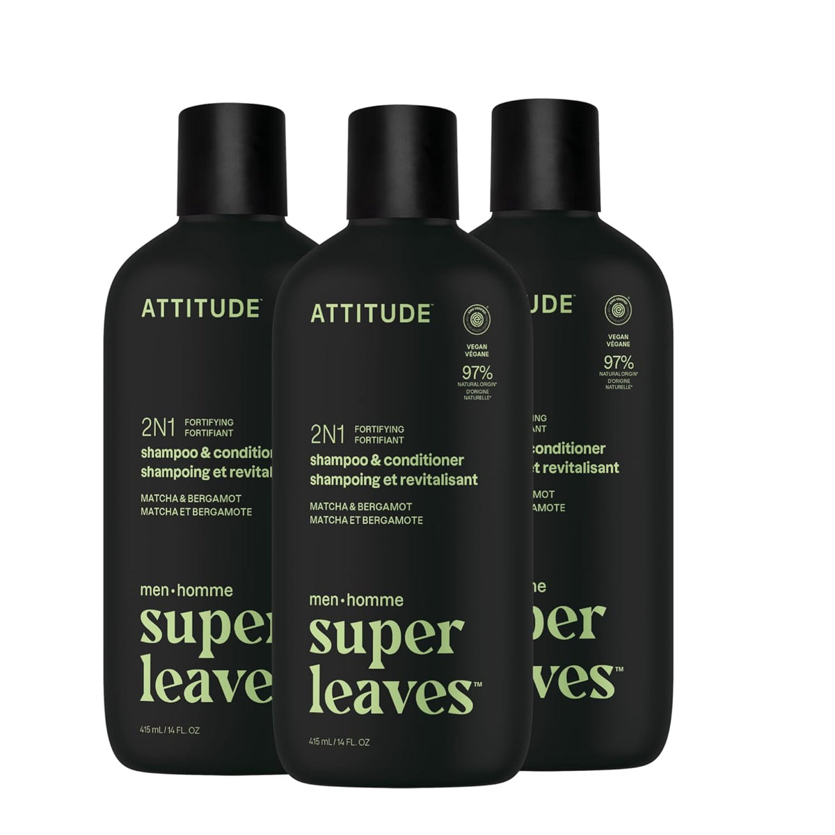 ATTITUDE Men's Shampoo and Conditioner 2-in-1, Fortifying For Fragile Hair, With Caffeine and Green Tea, 97% Natural Origin Ingredients, EWG Verified, Matcha & Bergamot, 14 Fl Oz (Pack of 3)