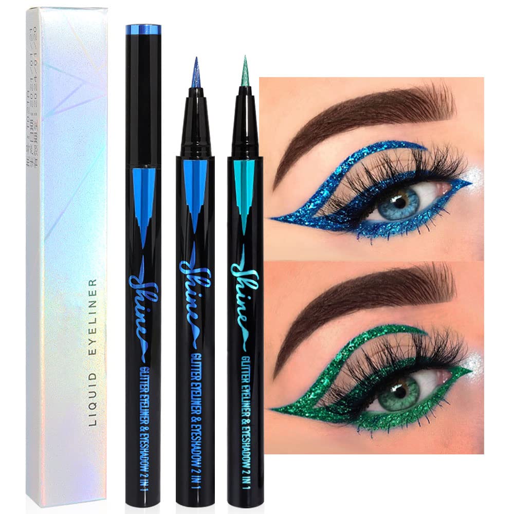 evpct 2Pcs Green & Royal Blue Glitter Shimmer Liquid Eyeliner Eye Shadow Makeup Pencil Set, Green Blue Face Body Glitter Makeup Fake Eyelashes Mascara, Sparkle Metallic Colored Eyeliner Waterproof
