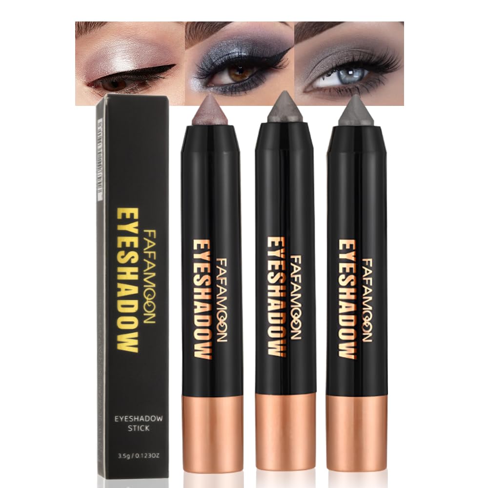 3Pcs Monochrome Cream Shimmer Glitter Eyeshadow Pencil Stick for Women, Eye Shadow Eyeliner Pencil Sticks Makeup, sombras para ojos, Waterproof, Vegan & Cruelty-Free, (03+05+07, 3Pcs)