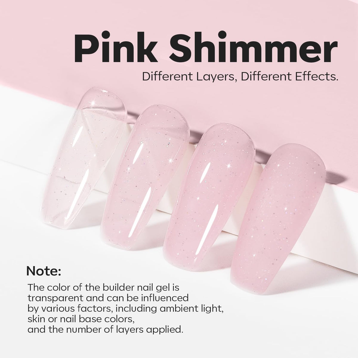 modelones Builder Nail Gel, 8-in-One Nude Pink Glitter Builder, Rainbow Iridescent Shimmer Nail Gel Polish, Jelly Pink Sparkle LED Lamp Cured Hard Rubber Color Base for Home DIY Salon Girls