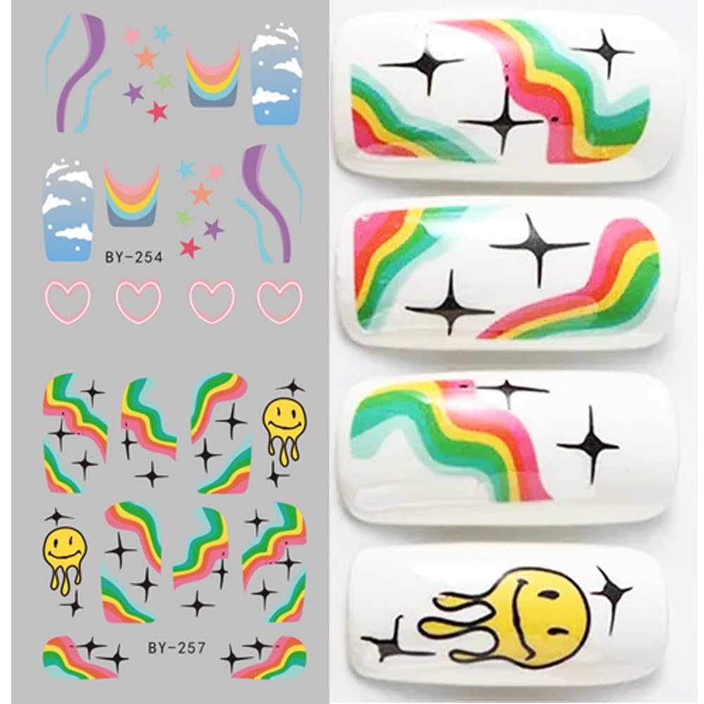 Abstract French Tips Nail Art Stickers Decals Colorful Sun Flower Smiling Nail Foils Sticker Water Transfer Nail Decals Rainbow Design Acrylic Nail Sticker for Nail Art Women Nail Decoration 12Pcs