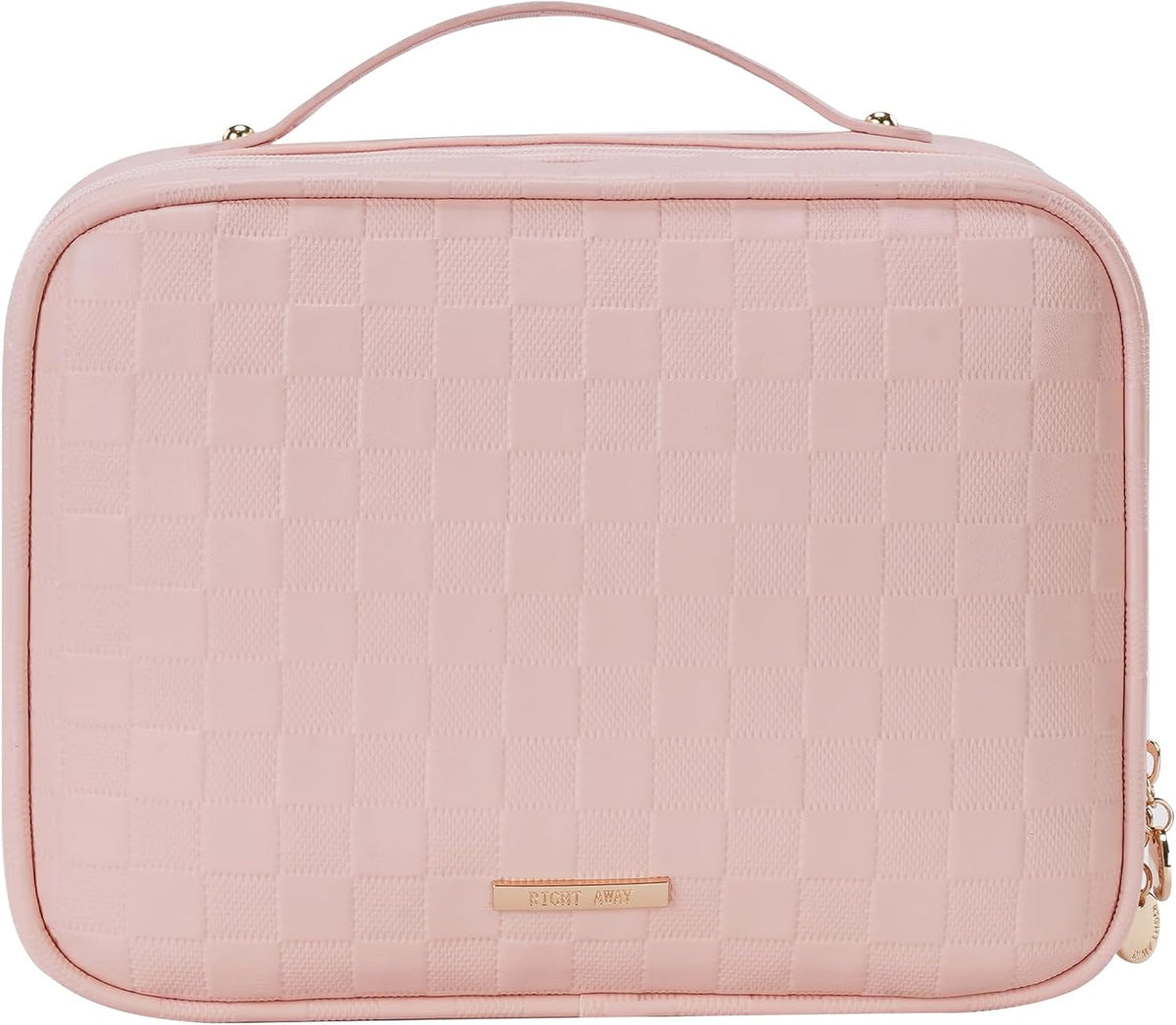 RIGHT AWAY Travel Toiletry Bag for Women, Waterproof Makeup Bag&Case, Portable Cosmetic Organizer Checkered Make up Bag for Full Sized Toiletries，Cosmetics and Travel-Size Accessories,Pink Checkered