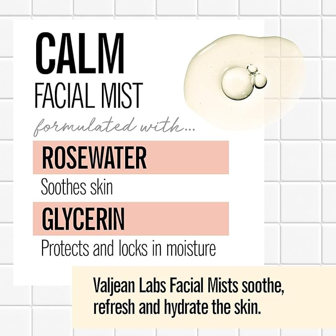 VALJEAN LABS Face Mist - Calm | Rosewater + Glycerine | Calms, Moisturizes, Soothes | Helps to Even Complexion | Paraben Free, Cruelty Free, Made in USA (8 oz)