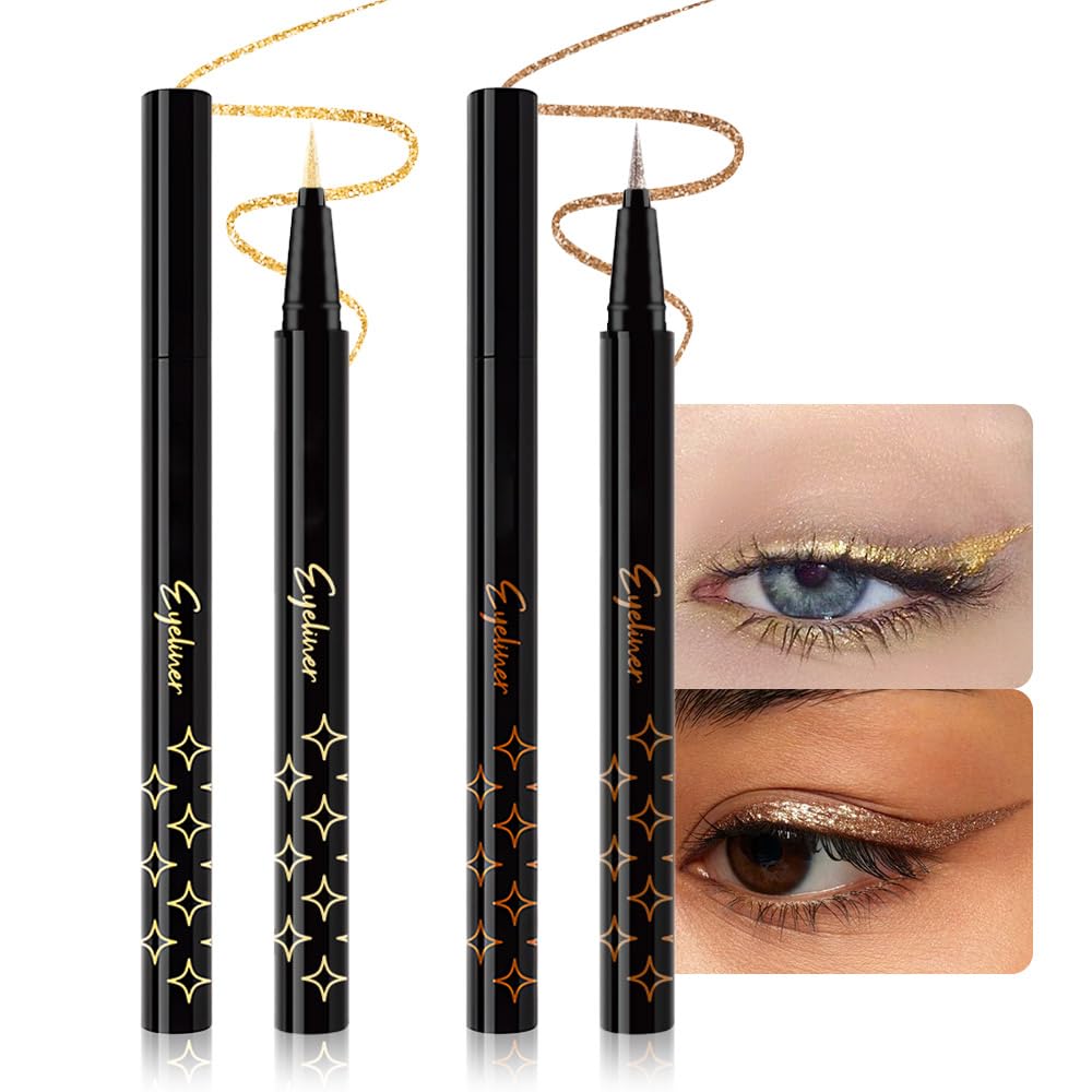 HHLOH 2PCS Metallic Glitter Liquid Eyeliner Pens Set – Waterproof Mark Bronze Brown or Gold Long-Lasting Sparkly Eye Makeup – Tattoo-Effect Ink Liners for Women & Men, Delineador Líquido con Brillo 05