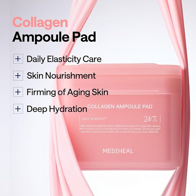 MEDIHEAL Collagen Ampoule Facial Toner Pads - Collagen & Ceramide - Skin Firming & Restore Elasticity & Deep Hydration - Tighten Wrinkles & Lines - Vegan Eco Silk Fabric, 100 Pads