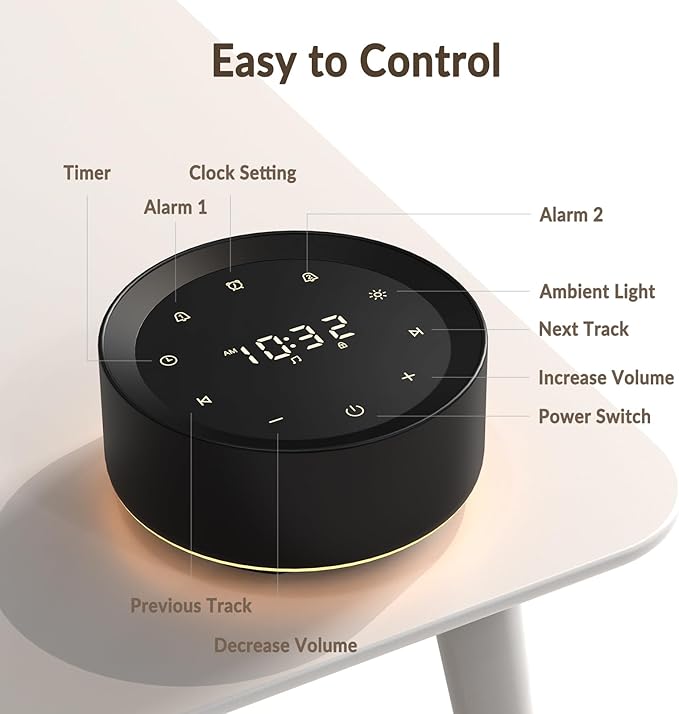 Alarm Clock White Noise Sound Machine & 7 Night Light 3-in-1, 20 Soothing Sounds, Timer, 31-Level Volume Control, Touch Button Control Noise Machine for Baby, Adults,Bedroom