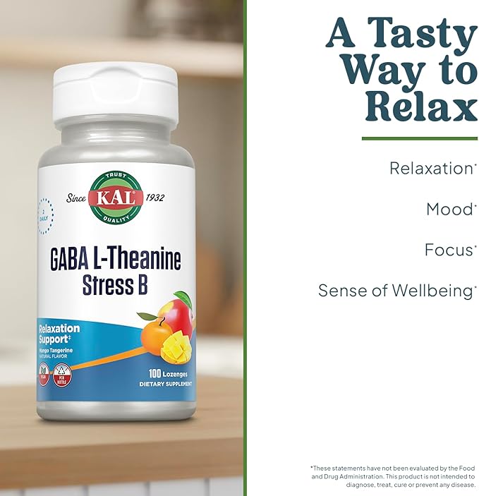 KAL GABA L-Theanine Stress B Lozenge, B Complex Vitamin Supplement, Healthy Relaxation, Mood & Focus Support, Natural Mango Tangerine Flavor, Vegan, 50 Servings, 100 Lozenges