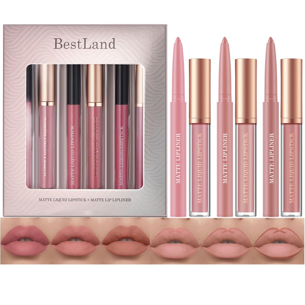 BestLand 6Pcs Matte Liquid Lipstick + Lip Liner Pens Set, One Step Lips Makeup Kits Pigment Velvety Nude Lip Stain Waterproof Long Wear Lip Gloss Make up Gift Set (Graceful Nudes Collection)