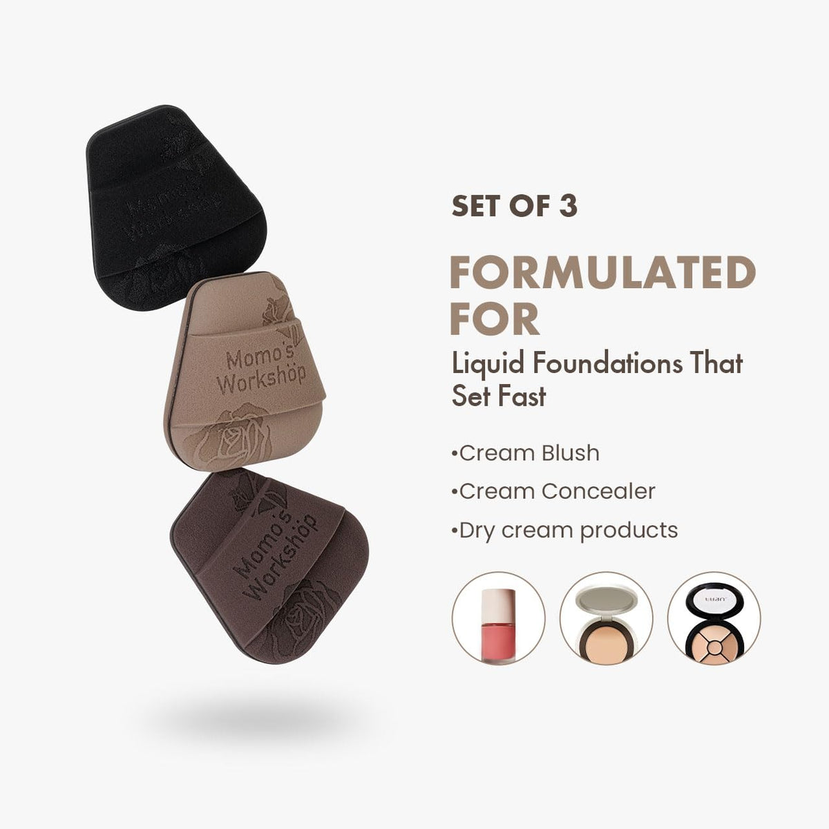 Mini Trapezoidal Makeup Sponge Set,Dual-Use Mini Rubycell Sponge for Foundation/Concealer/Blush,Soft, Even Application for Liquid & Cream Products,3pcs Mini Concealer Puffs & Storage Case