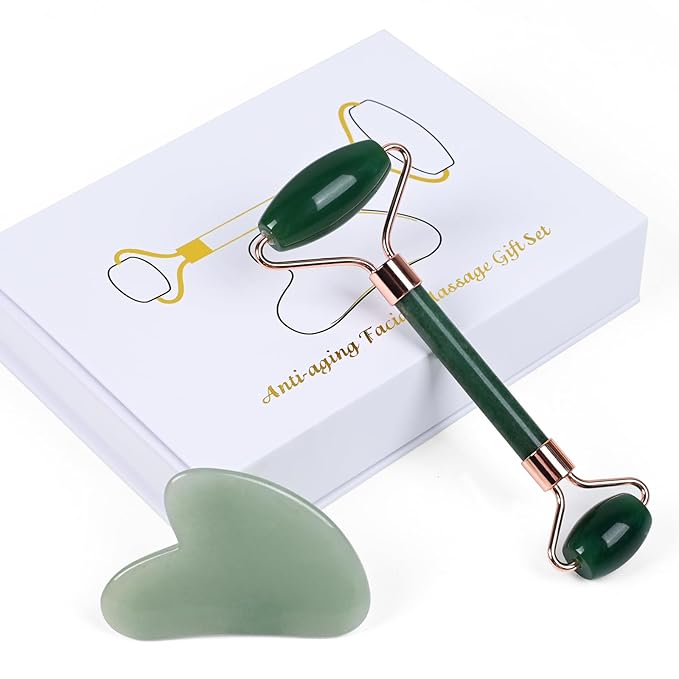 Quartz Rose Jade Roller and Gua Sha Facial Set Kit for Face Skincare, Stone Sculpting Tool, Massager Roller for Skin Care,Gift For Men And Women (Green)